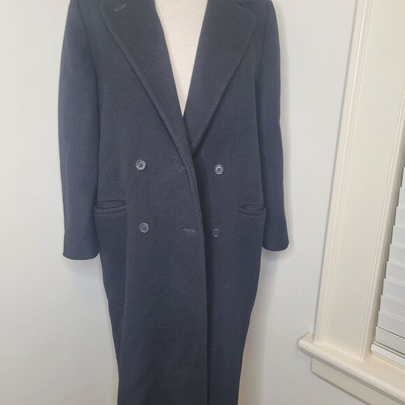 VTG J. Hook Womens Double-Breasted Wool Overcoat Satin Lining Navy Blue M L - Picture 1 of 7